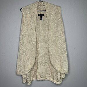 INC Beige Knit Gold Sequined Metallic Shimmer Open Sleeveless Cardigan Sweater